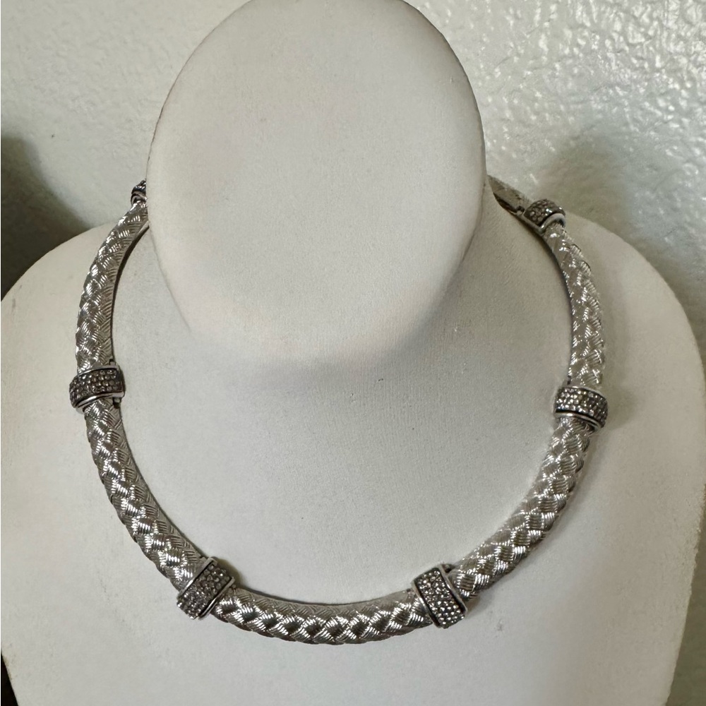 Silver Woven Choker Necklace with Crystal Accents